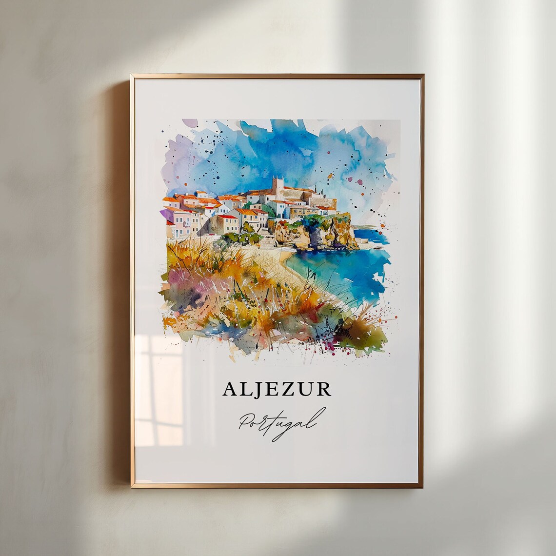 Aljezur Portugal Cliffside Old Town Watercolor Coastal Travel Poster