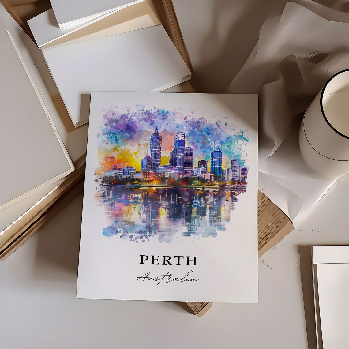 Perth Australia City Skyline Sunset Watercolor Splash Art Poster - Image 5
