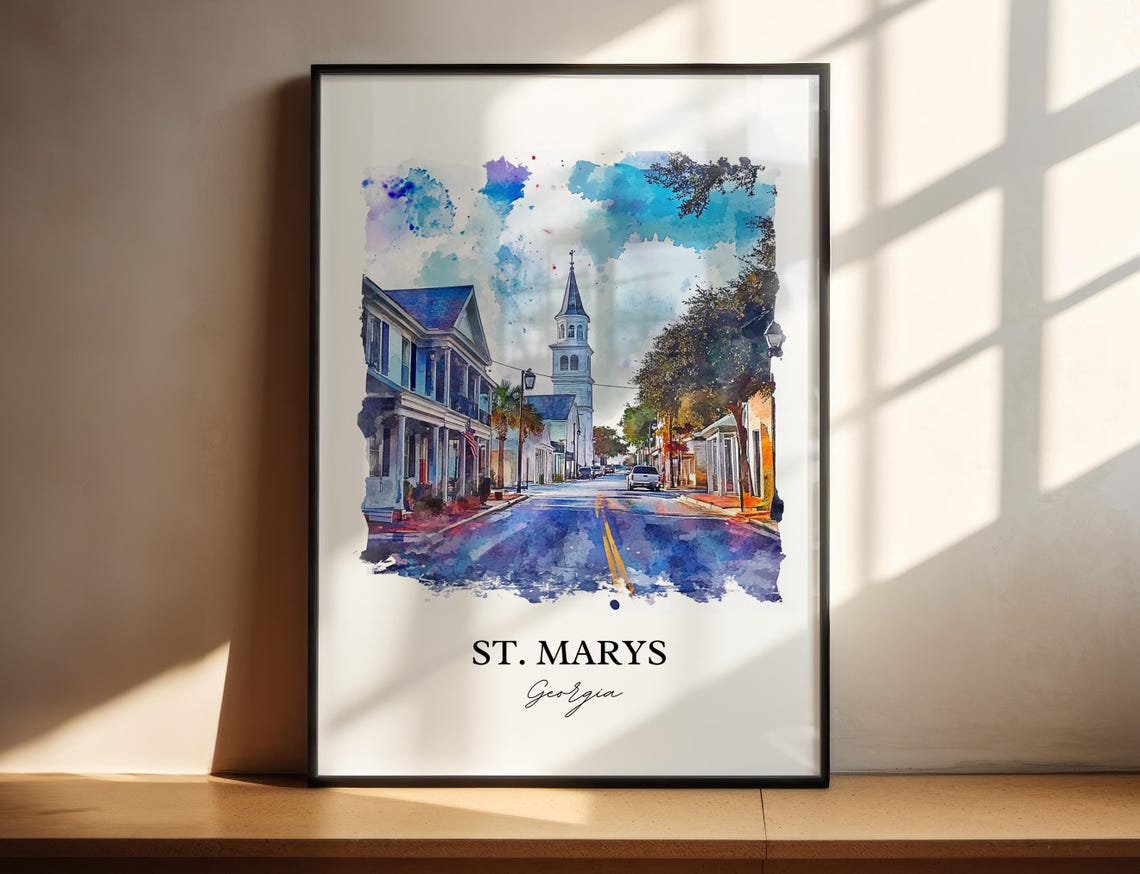 St Marys Georgia Steeple Main Street Watercolor Travel Gift Poster