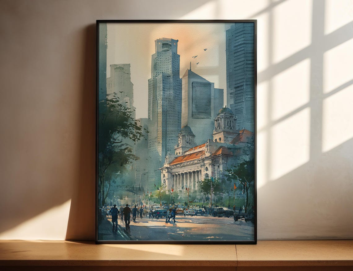 Singapore Watercolor Skyline Poster with Marina Bay Sands Sunset View