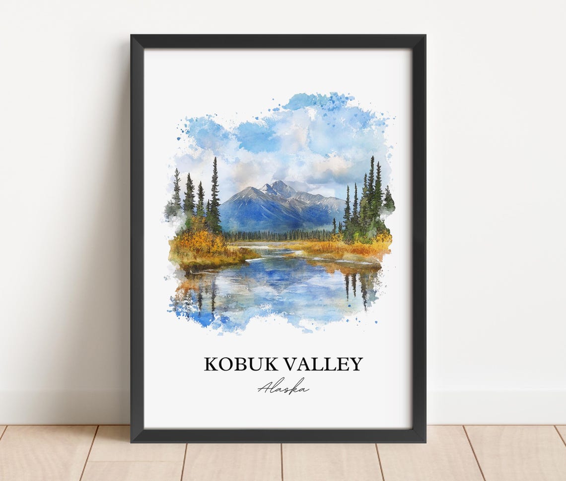 Kobuk Valley Alaska Mountain River Valley Watercolor Travel Poster - Image 2