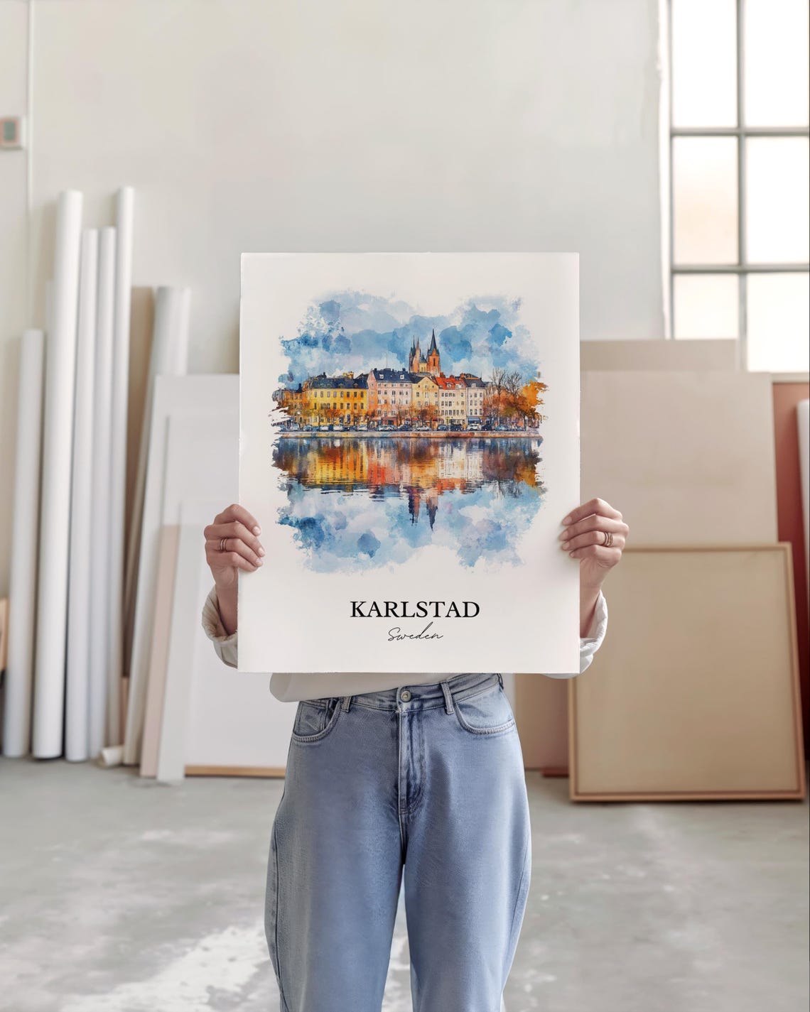 Karlstad Sweden Waterfront Reflection Watercolor Minimalist Poster - Image 3