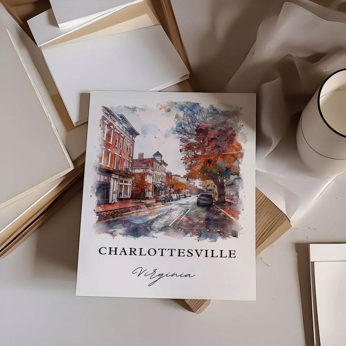 Charlottesville Virginia Downtown Street Watercolor Rainy Day Poster - Image 6