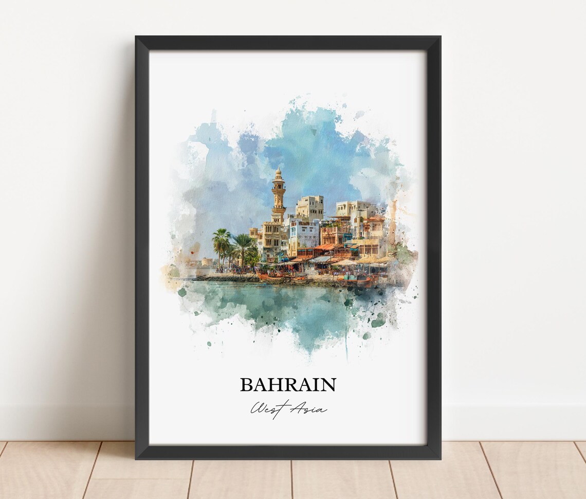 Bahrain West Asia Waterfront Old Town Boats Watercolor Travel Poster - Image 2