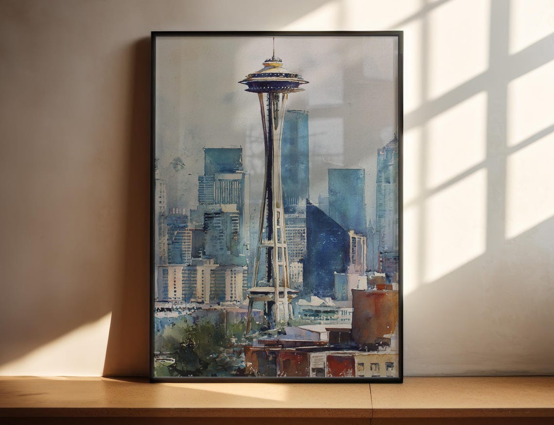 Seattle Washington Space Needle Skyline Watercolor Travel Poster