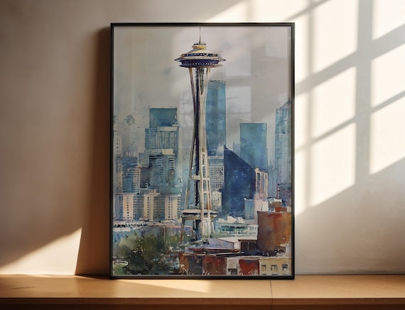 Seattle Washington Space Needle Skyline Watercolor Travel Poster