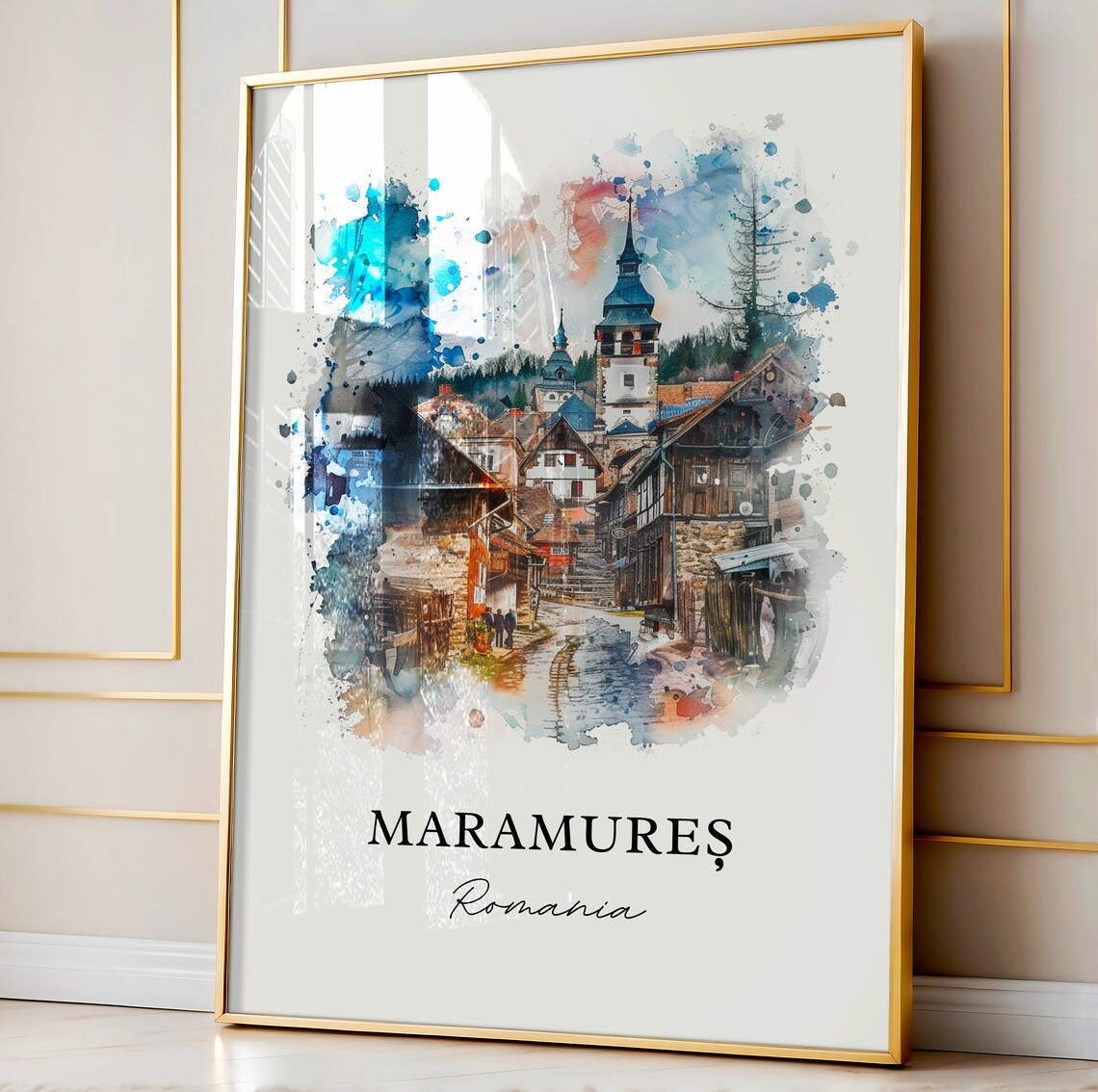 Maramures Romania Watercolor Village Street Tall Church Spire Poster - Image 4