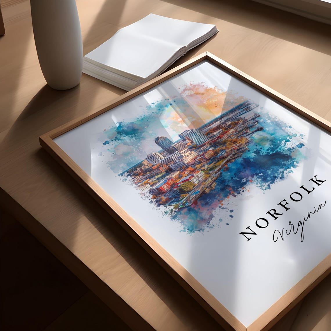 Norfolk Virginia Downtown Skyline Harbor Watercolor Art Poster - Image 5
