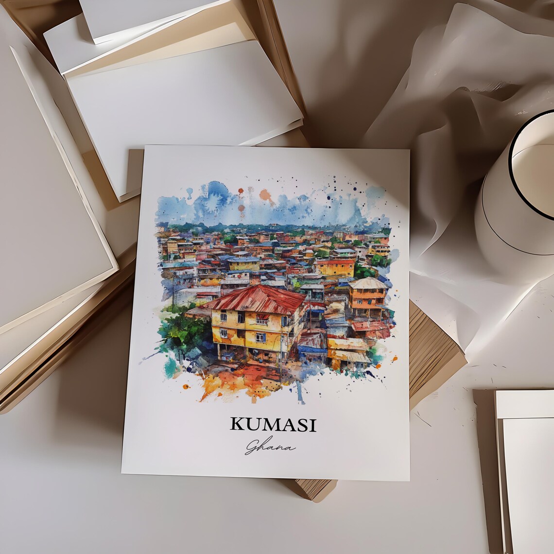 Kumasi Ghana Watercolor City Rooftops Street View Art Poster - Image 3