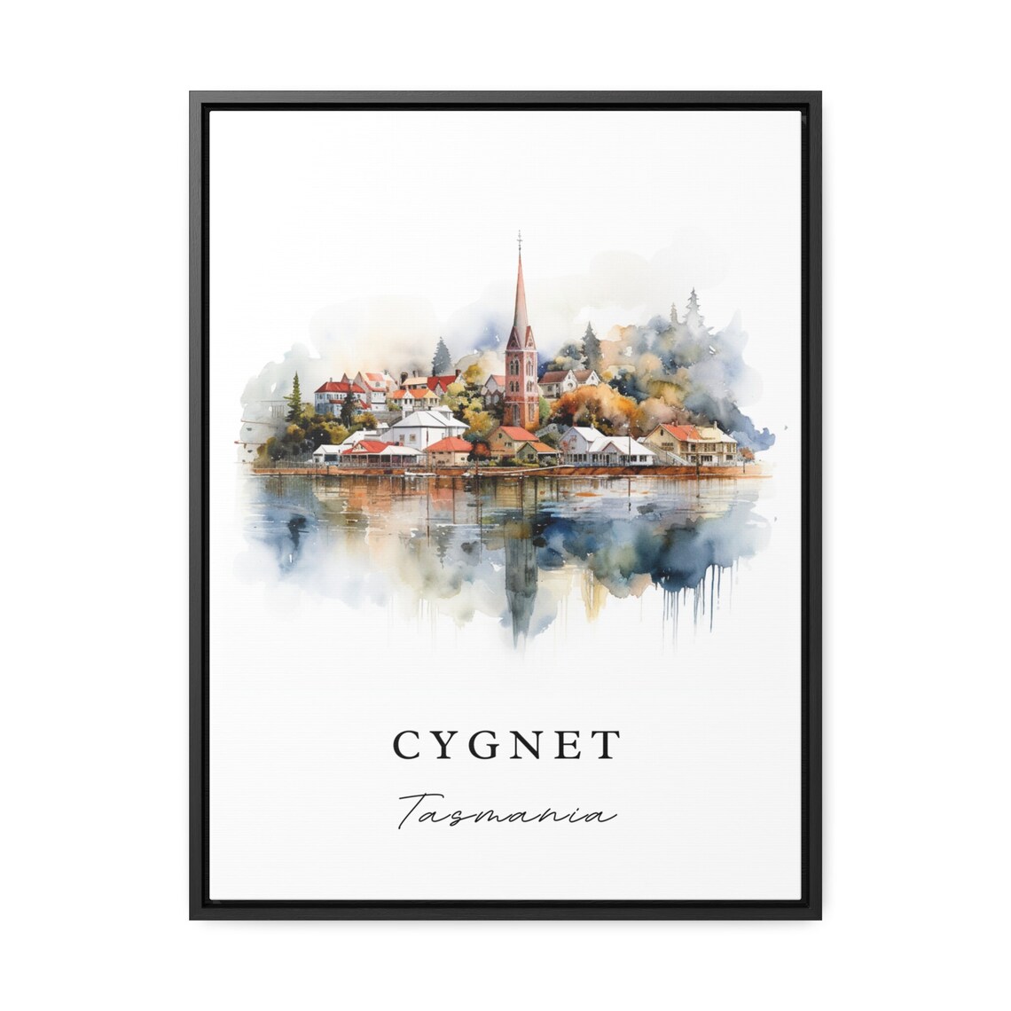 Cygnet Tasmania Harbor Town Church Spire Watercolor Travel Print - Image 2