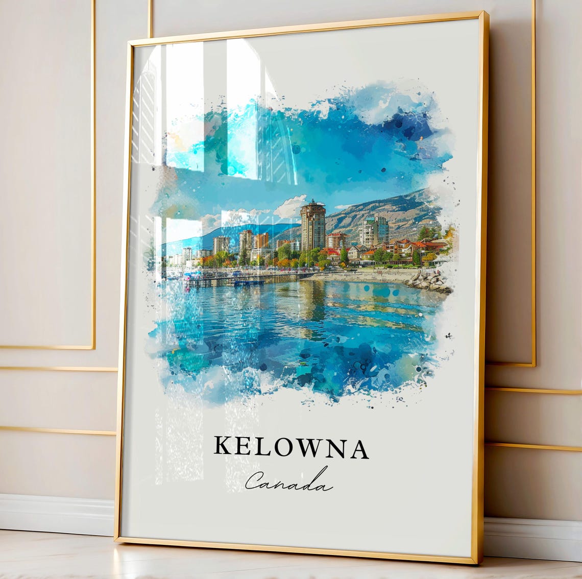 Kelowna Canada Watercolor Lakefront Skyline Mountains View Poster - Image 4