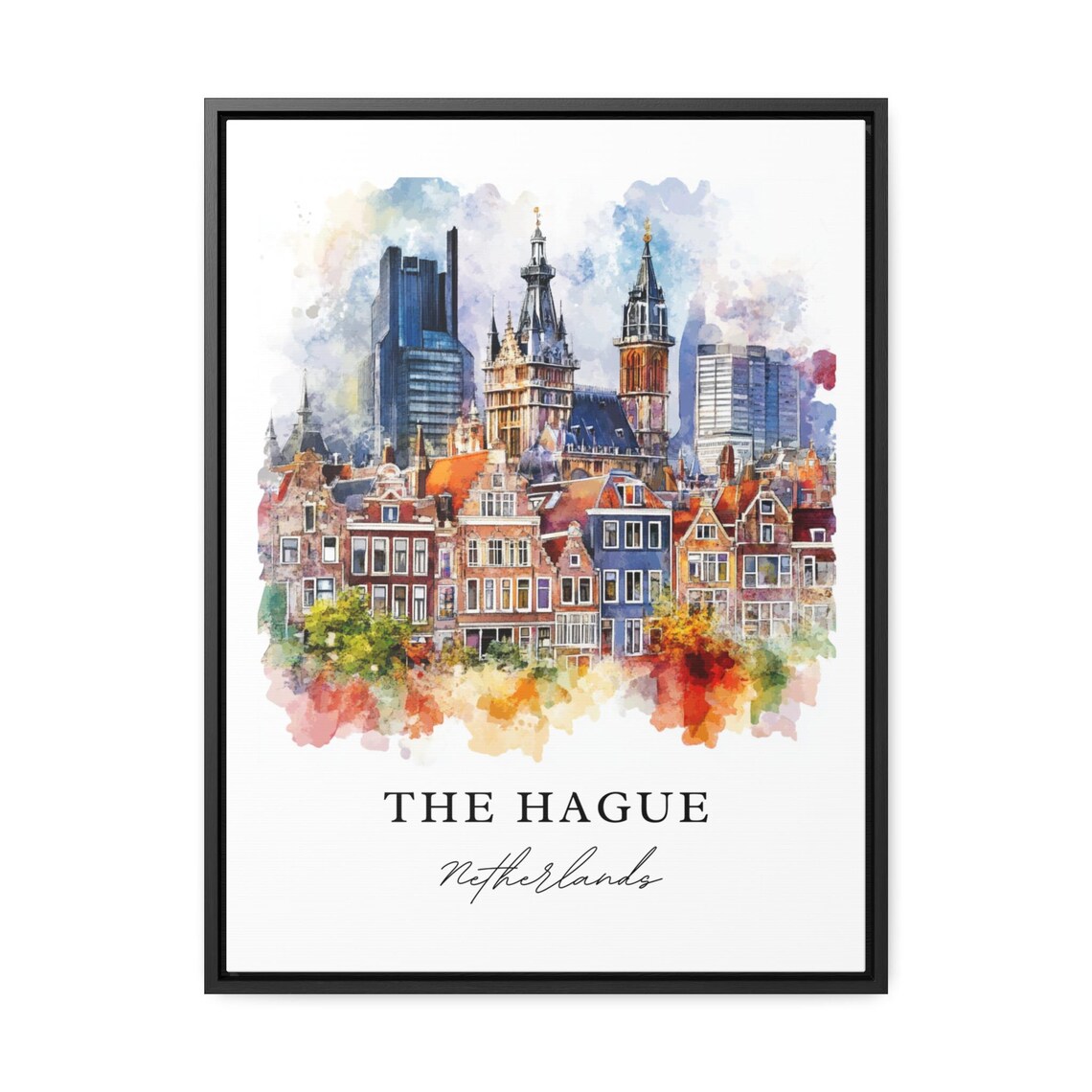 The Hague Netherlands Watercolor Colorful Canal Houses Towers Poster - Image 3