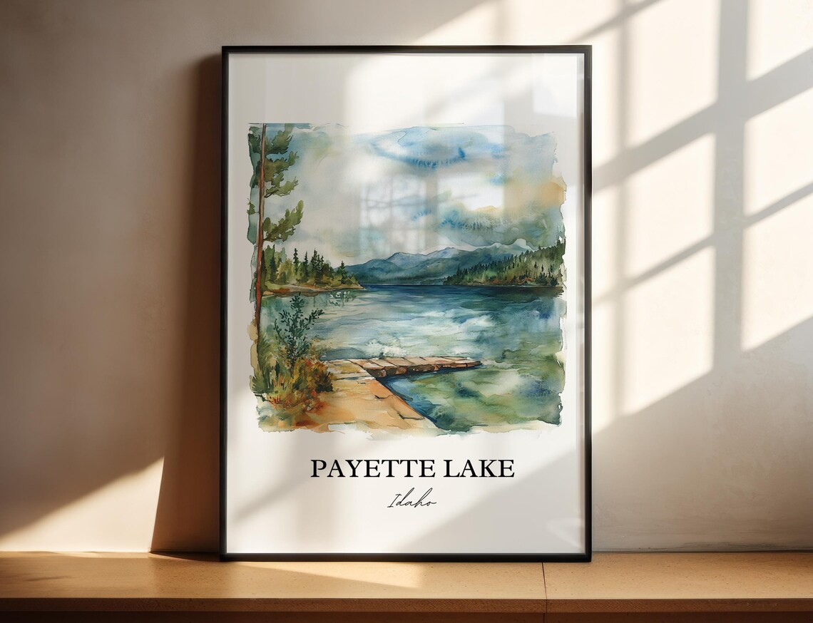 Payette Lake Idaho Watercolor Lake Dock Pine Scene Art Poster