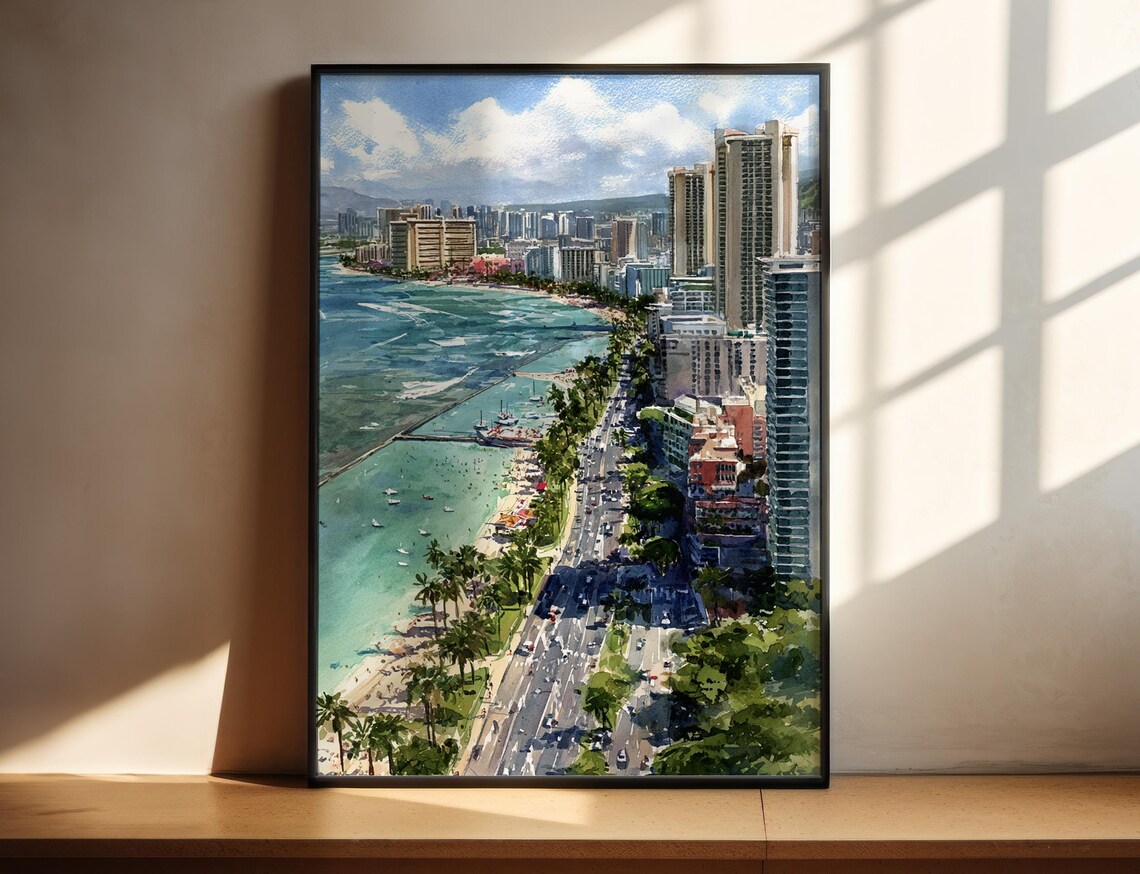 Honolulu Hawaii Waikiki Beach Aerial Watercolor Cityscape Poster