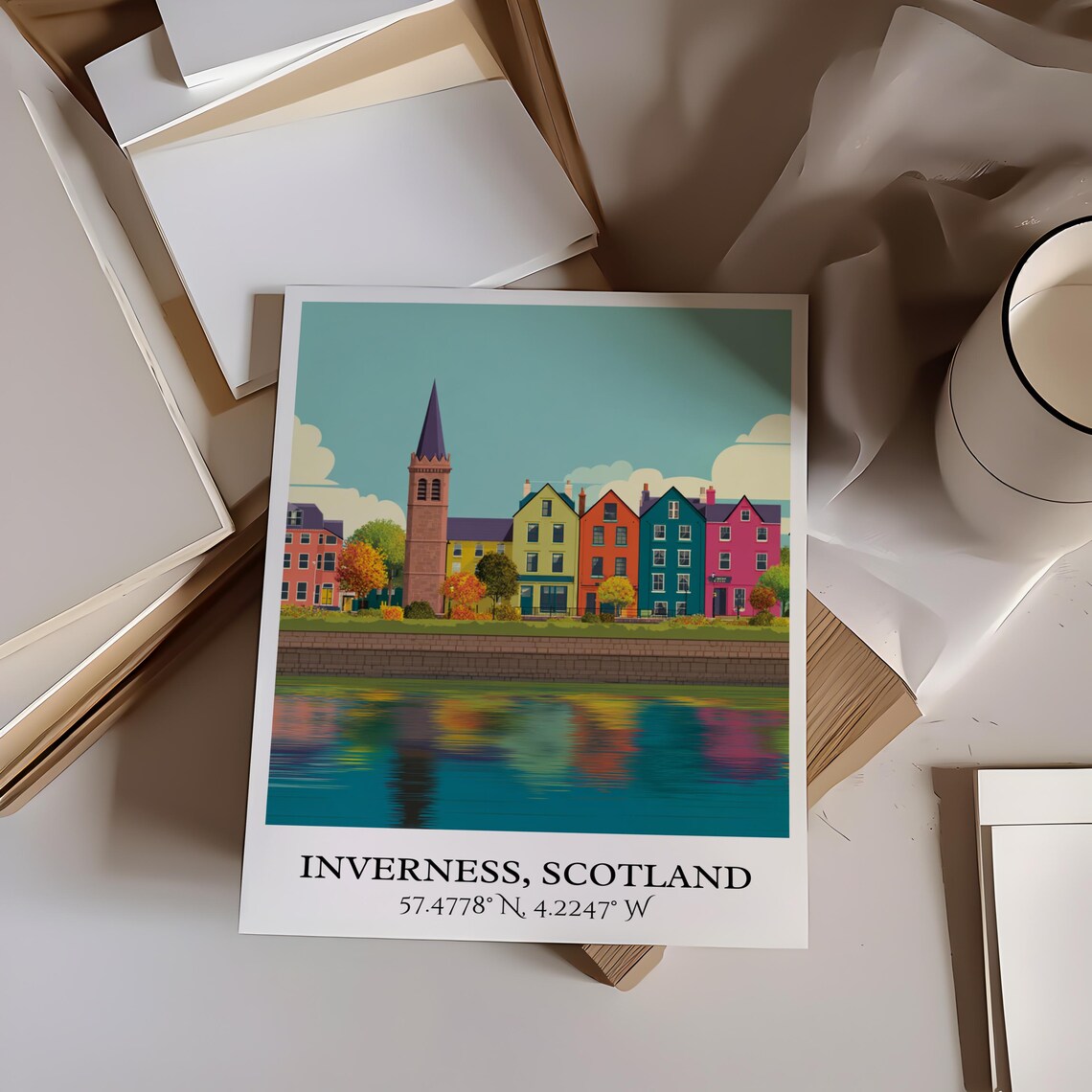 Inverness Scotland Riverside Houses Church Spire Retro Travel Poster - Image 3