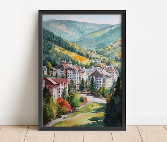 Vail Colorado Autumn Watercolor Mountain Village Ski Town Landscape Poster