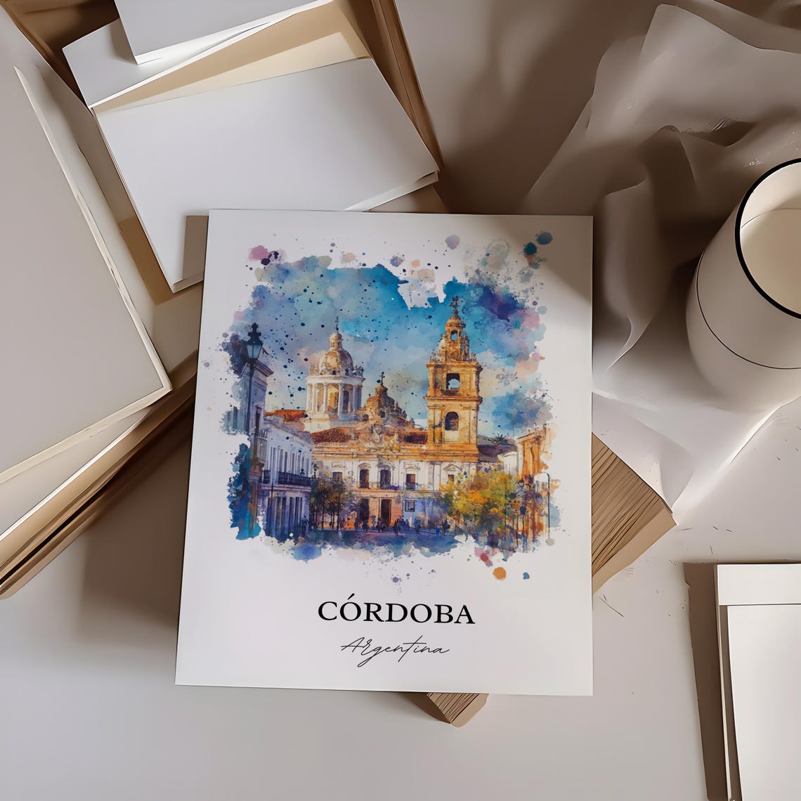 Cordoba Argentina Cathedral Watercolor Old Town Scene Poster - Image 2