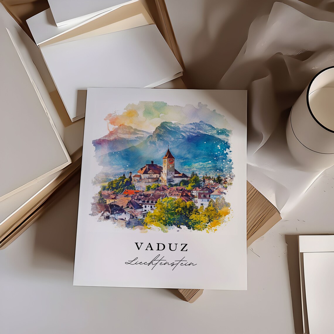 Vaduz Liechtenstein Alpine Castle Town Watercolor Travel Poster - Image 6