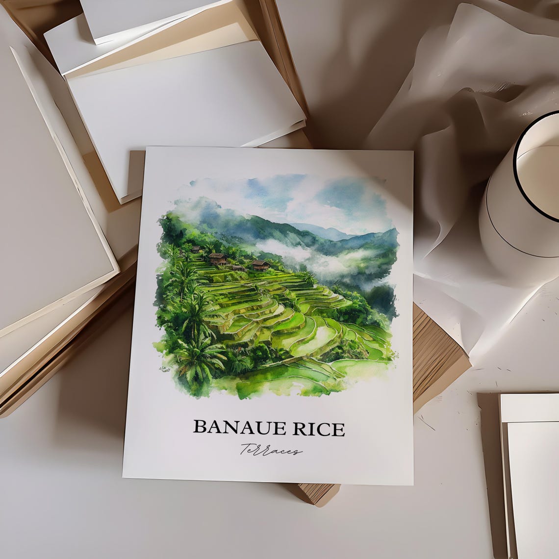 Banaue Rice Terraces Philippines Emerald Watercolor Travel Poster - Image 2
