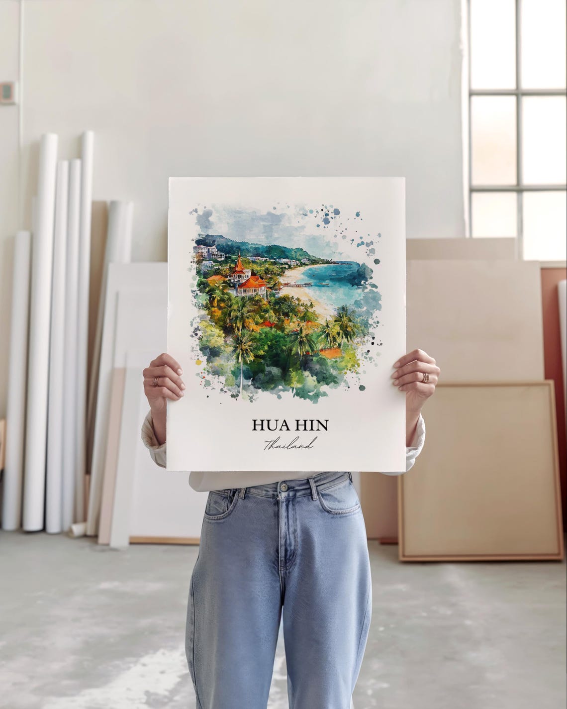 Hua Hin Thailand Watercolor Beach Palm Trees Seaside Art Poster - Image 4