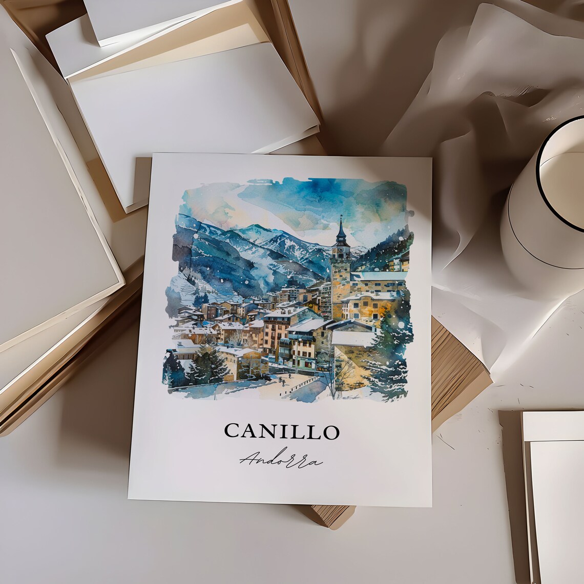 Canillo Andorra Snowy Mountain Village Watercolor Travel Poster - Image 6