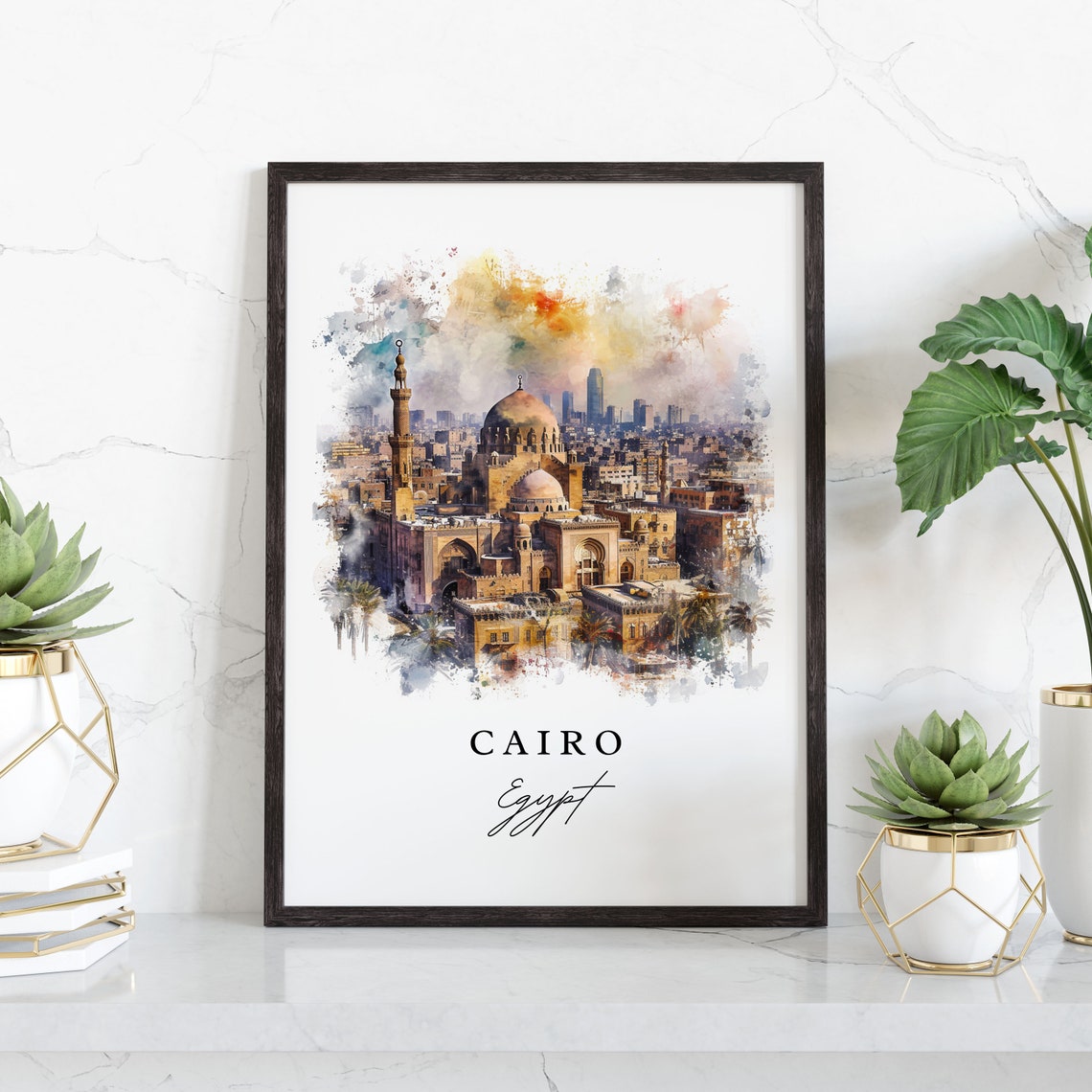 Cairo Egypt Watercolor Historic Mosque Skyline Travel Poster - Image 3