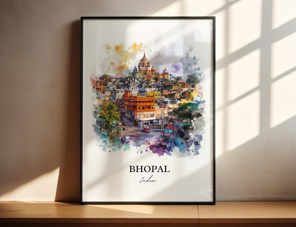 Bhopal India Watercolor Old City Temple Skyline Travel Poster