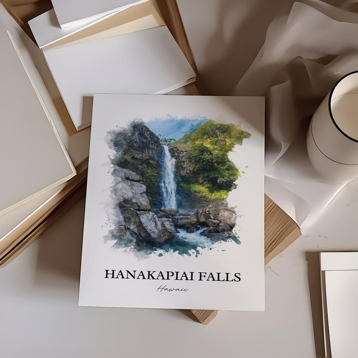 Hanakapiai Falls Hawaii Lush Jungle Cliffs Waterfall Watercolor Poster - Image 3