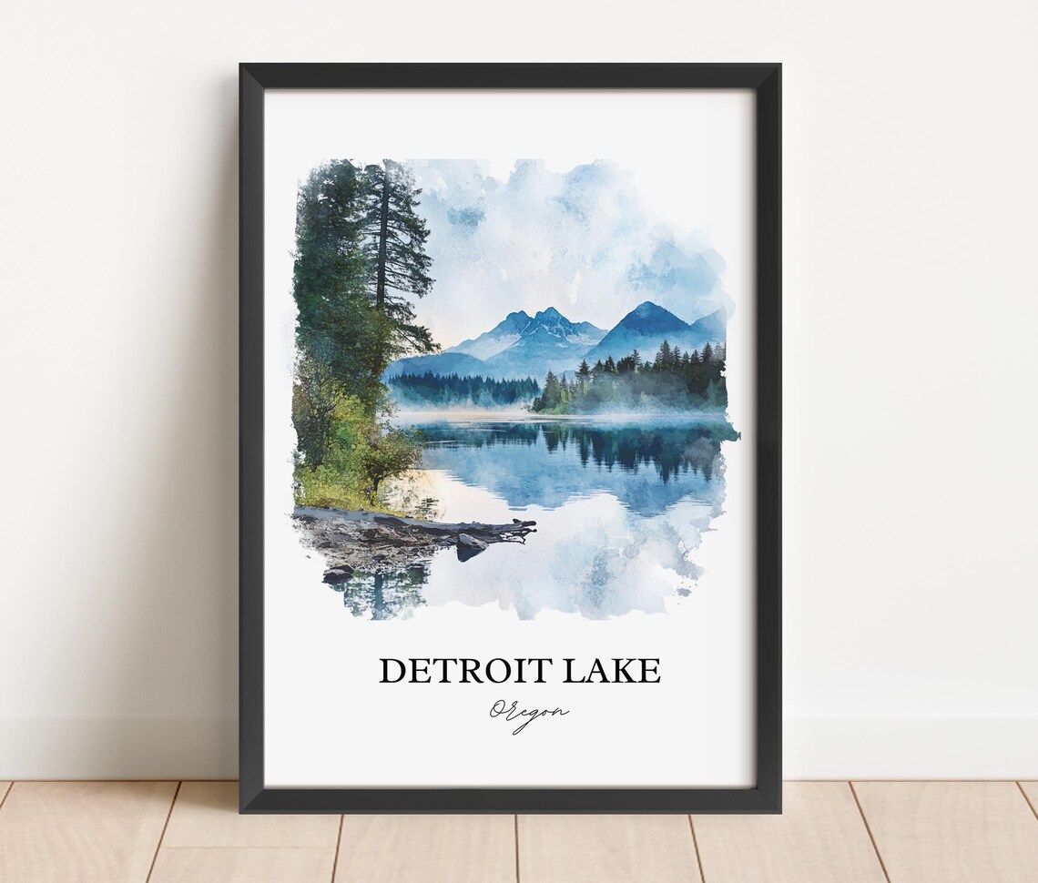 Detroit Lake Oregon Misty Mountain Lake Watercolor Travel Poster - Image 4