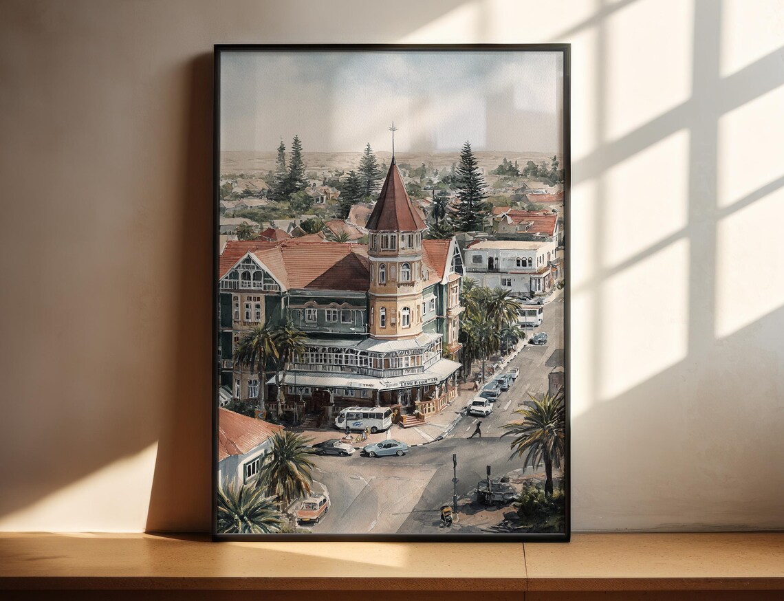 Swakopmund Namibia German Colonial Street Watercolor Travel Poster