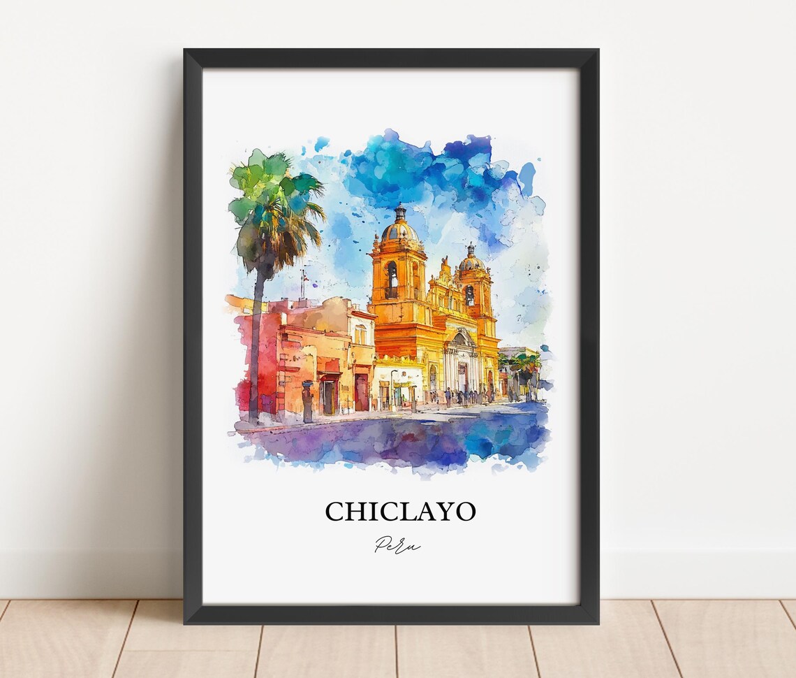 Chiclayo Peru Watercolor Golden Cathedral Plaza Palm Tree Poster - Image 5