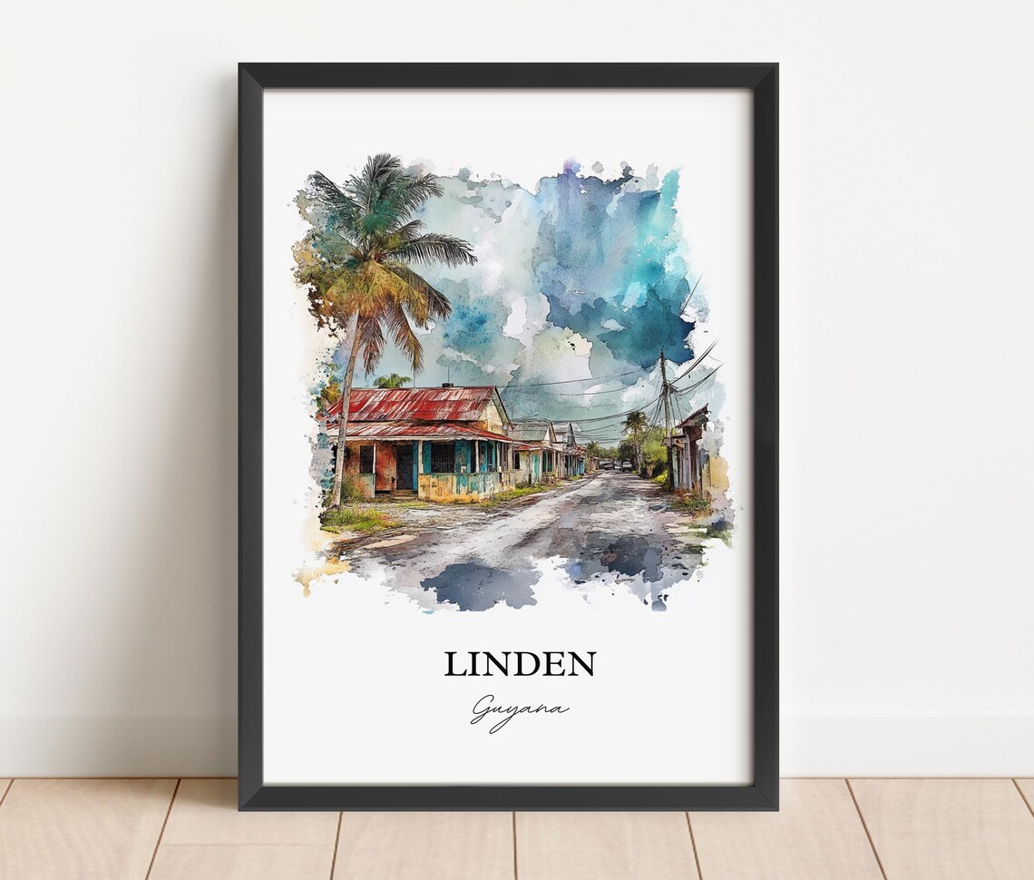Linden Guyana Watercolor Tropical Street Palm Houses Scene Poster - Image 5
