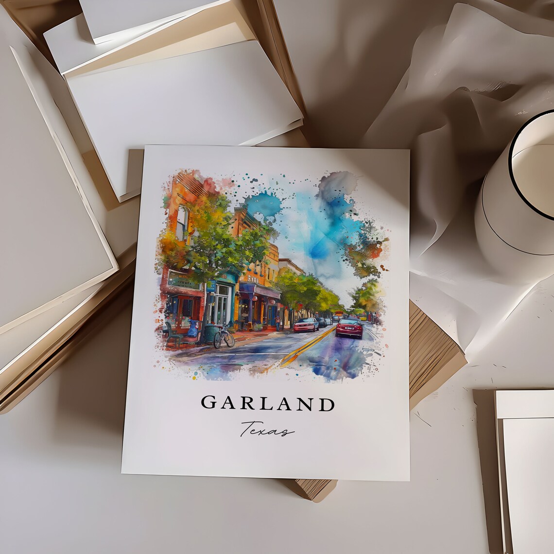 Garland Texas Watercolor Colorful Downtown Main Street Poster - Image 6