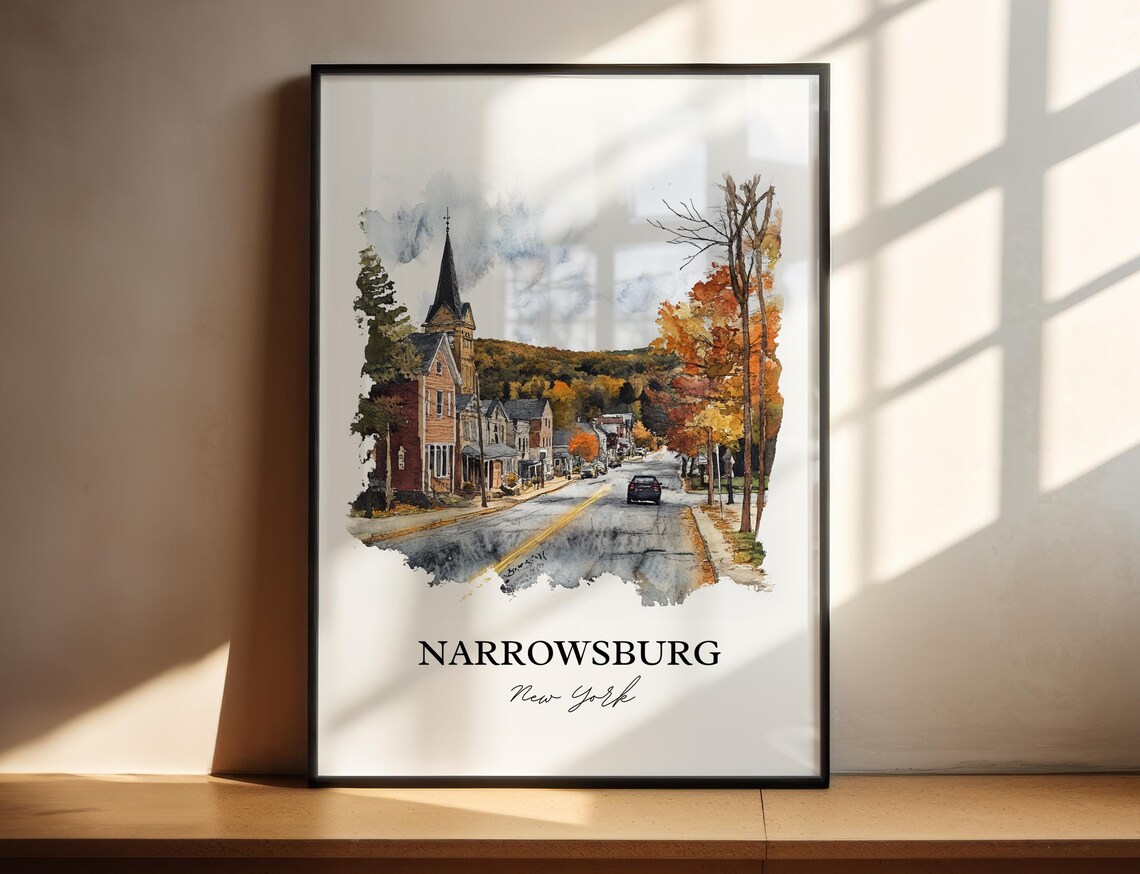 Narrowsburg New York Autumn Main Street Church Watercolor Poster