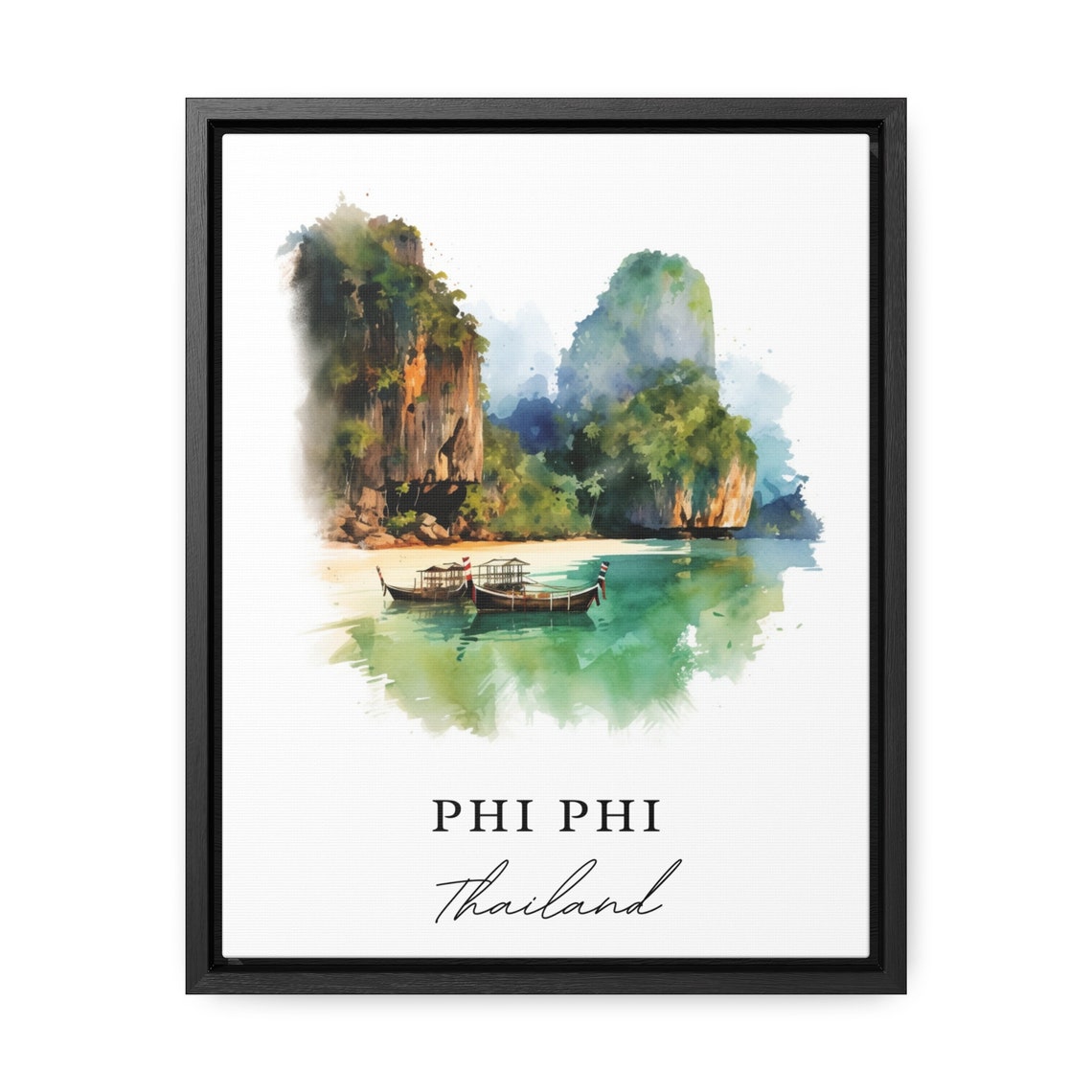 Phi Phi Thailand Karst Cliffs Longtail Boats Watercolor Beach Poster