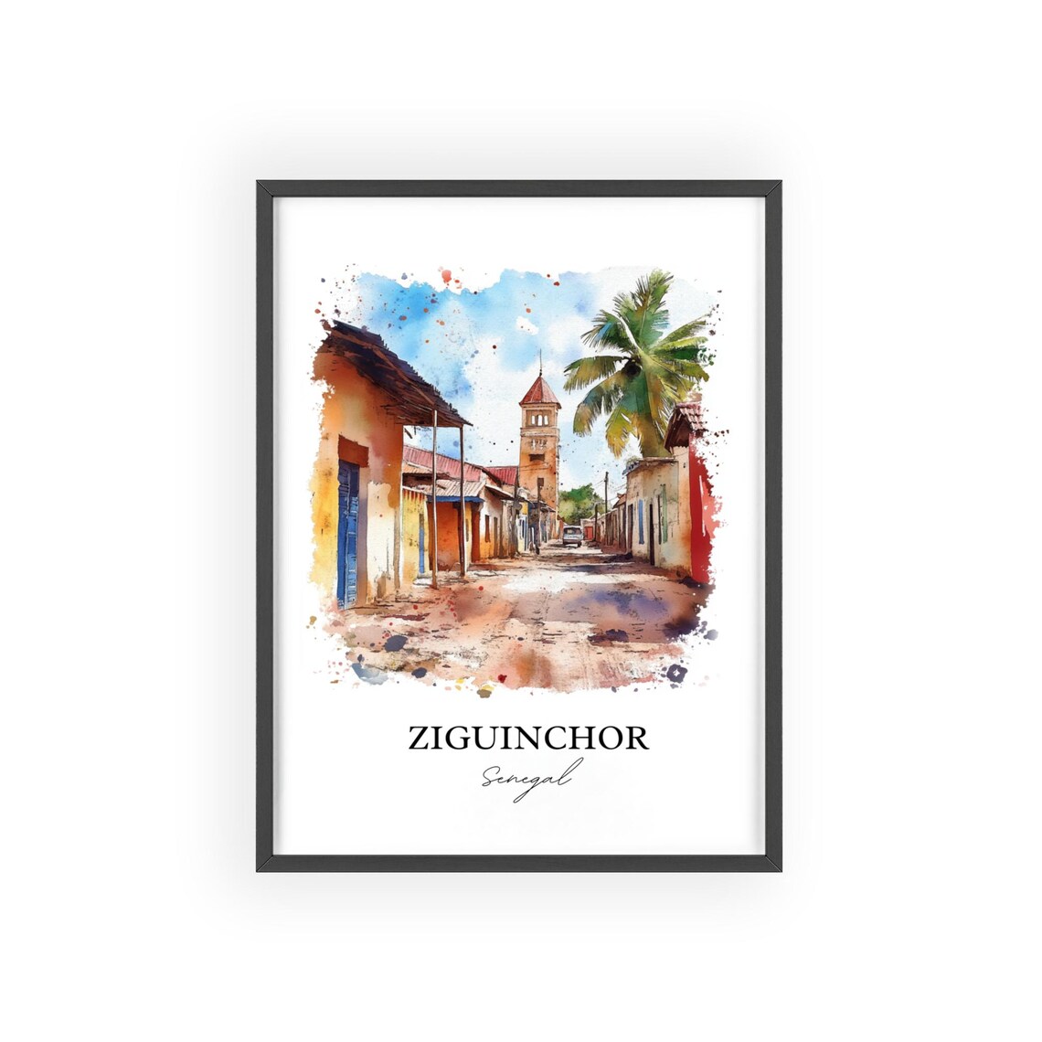 Ziguinchor Senegal Colonial Street Watercolor Travel Art Poster - Image 2
