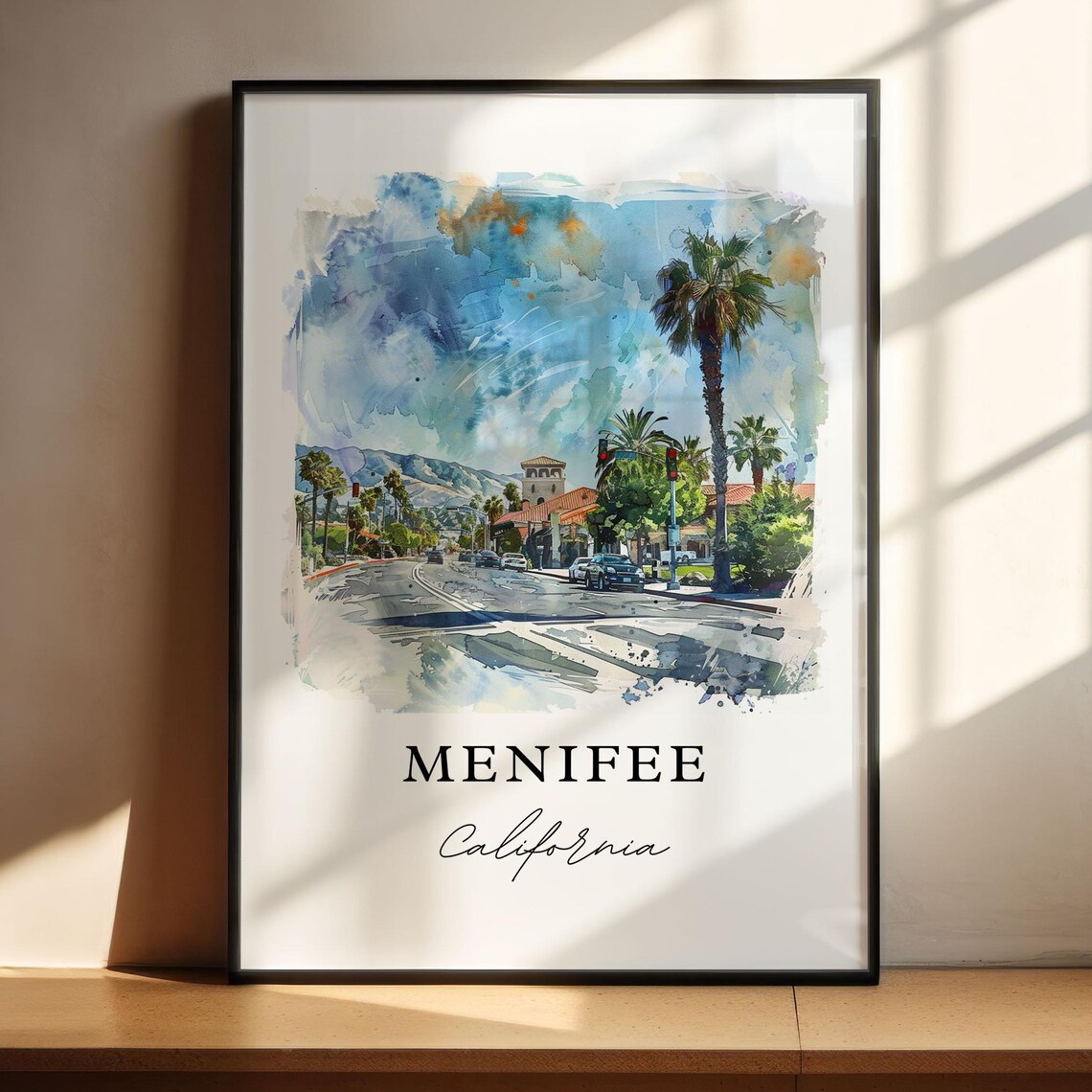 Menifee California Watercolor Palm Tree Street Bell Tower Poster - Image 5
