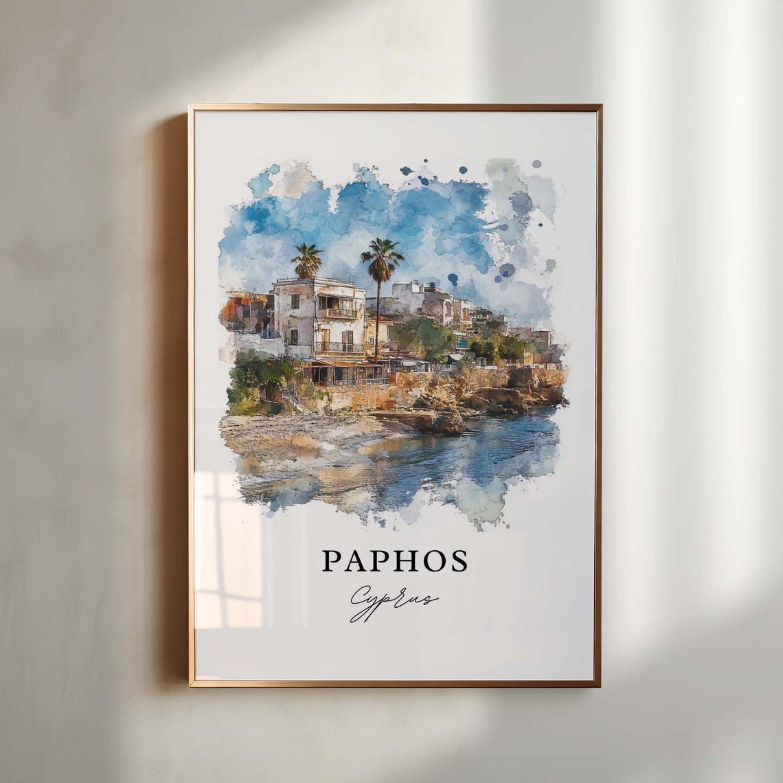 Paphos Cyprus Coastal Old Town Palms Rocky Shoreline Watercolor Poster