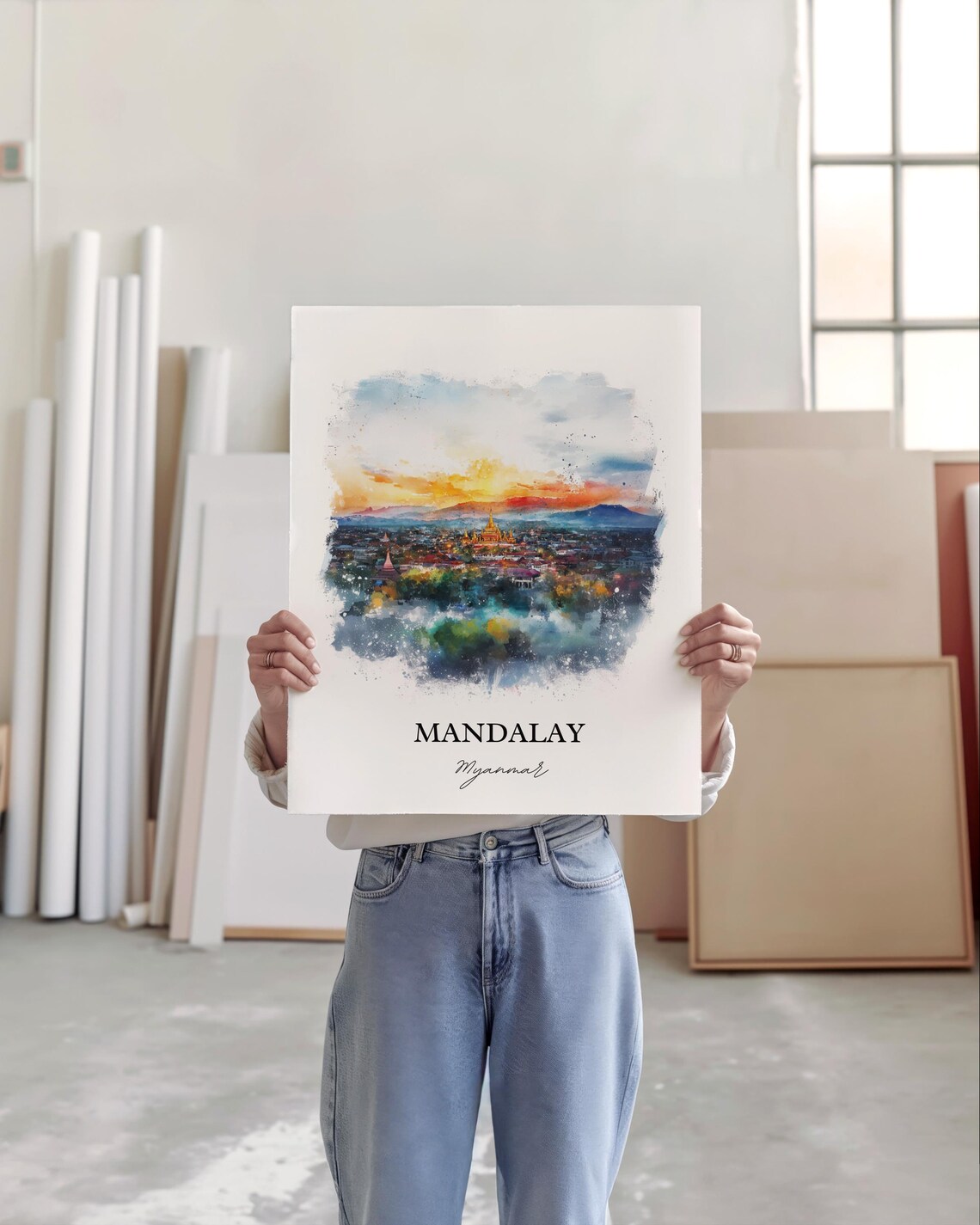 Mandalay Myanmar Watercolor Sunset Golden Temple City Poster - Image 5