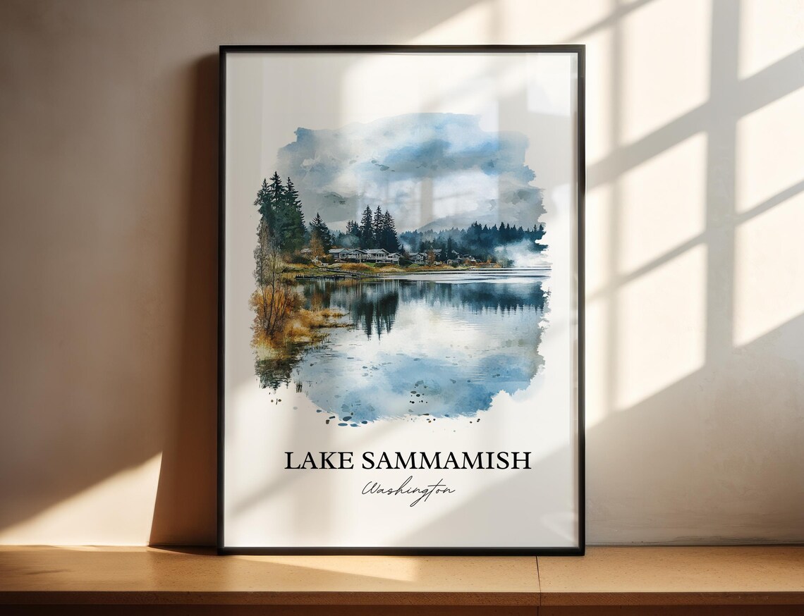 Lake Sammamish Washington Watercolor Calm Lake Reflection Scene Poster