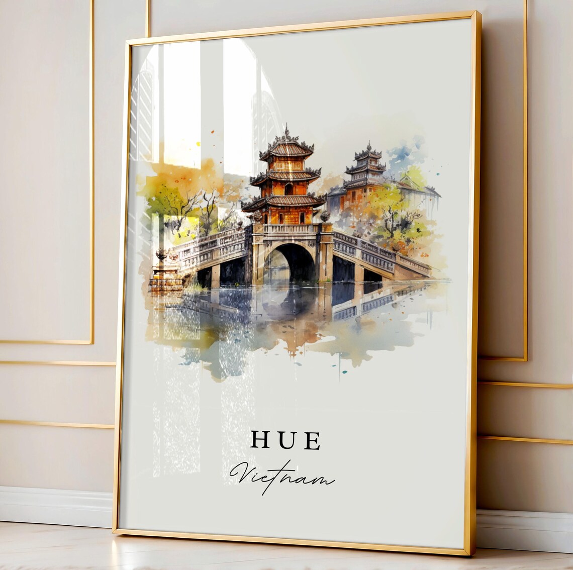 Hue Vietnam Watercolor Art Pagoda Bridge Imperial Old Town Poster - Image 4