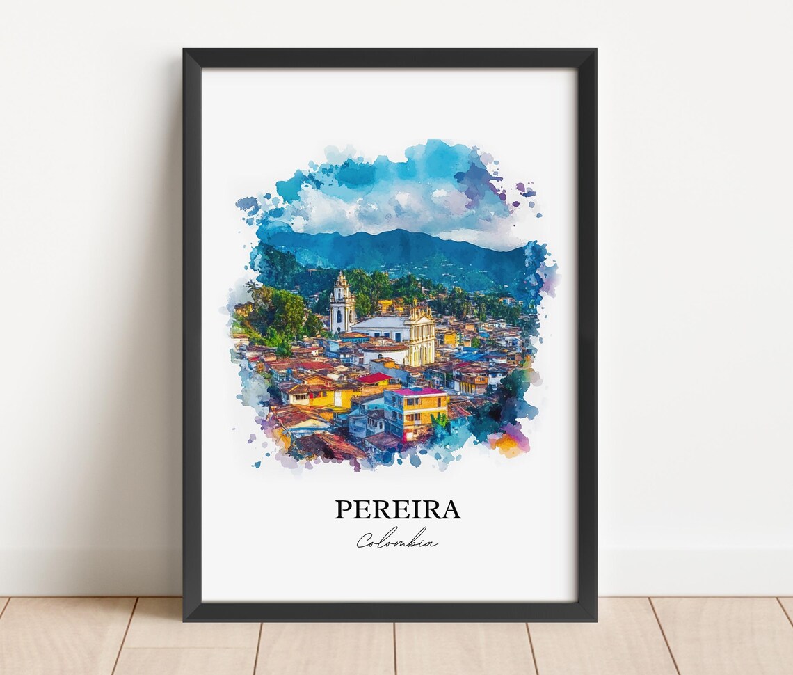 Pereira Colombia Hillside Town Church Watercolor Travel Art Poster - Image 2