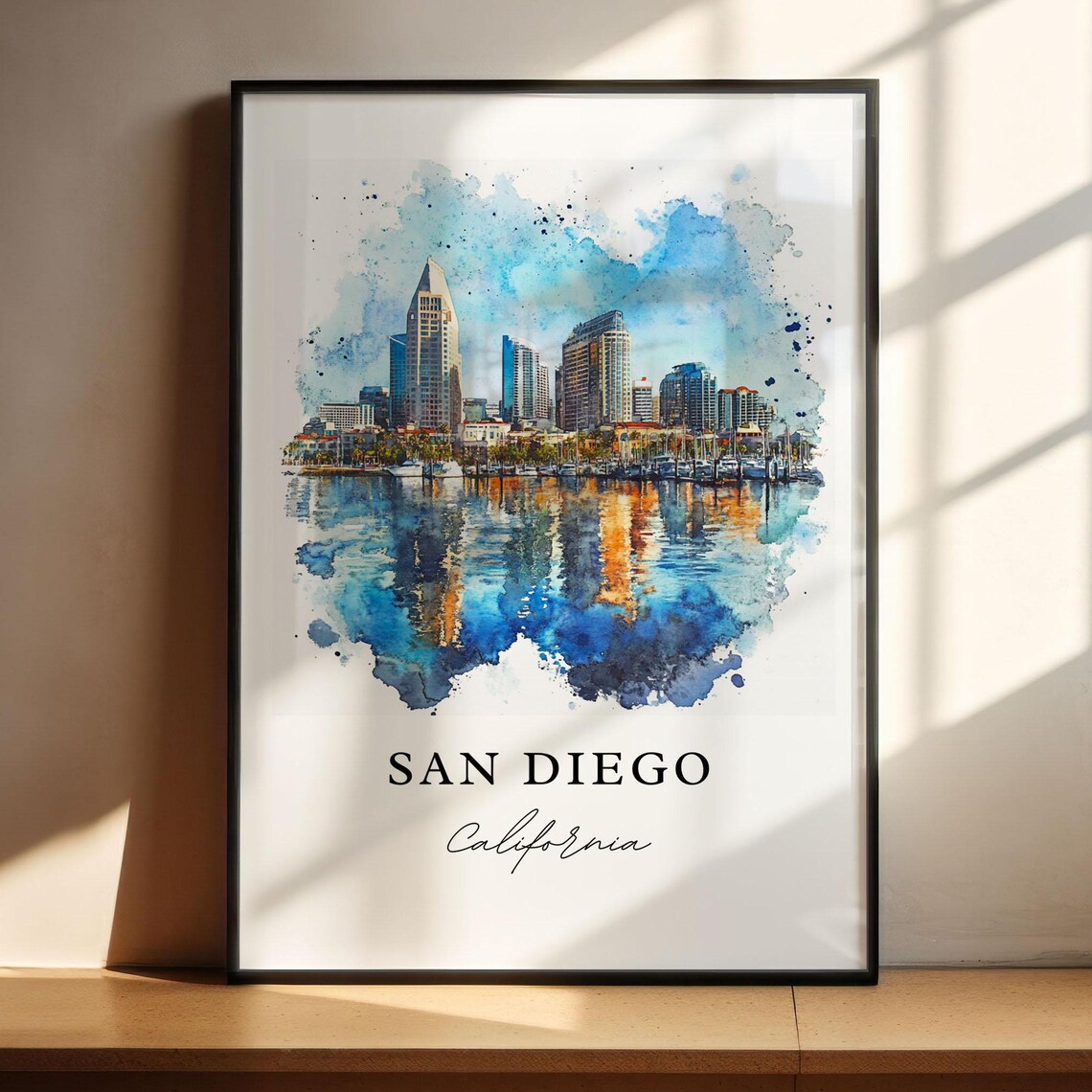 San Diego California Watercolor Bay Skyline Marina Reflection Poster
