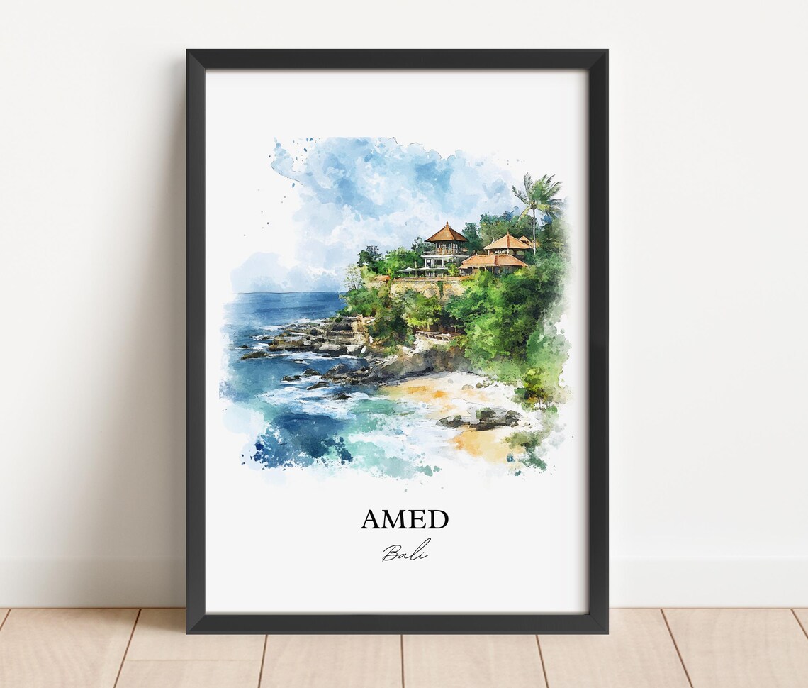 Amed Bali Watercolor Rocky Cove Cliffside Hills Ocean Poster - Image 4