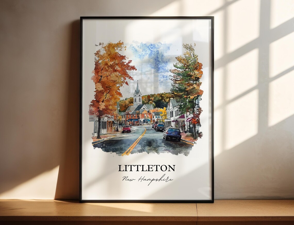 Littleton New Hampshire Main Street Autumn Watercolor Travel Poster