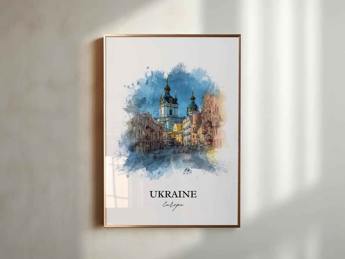 Ukraine Kyiv Blue Domed Church Watercolor Street Travel Poster - Image 3