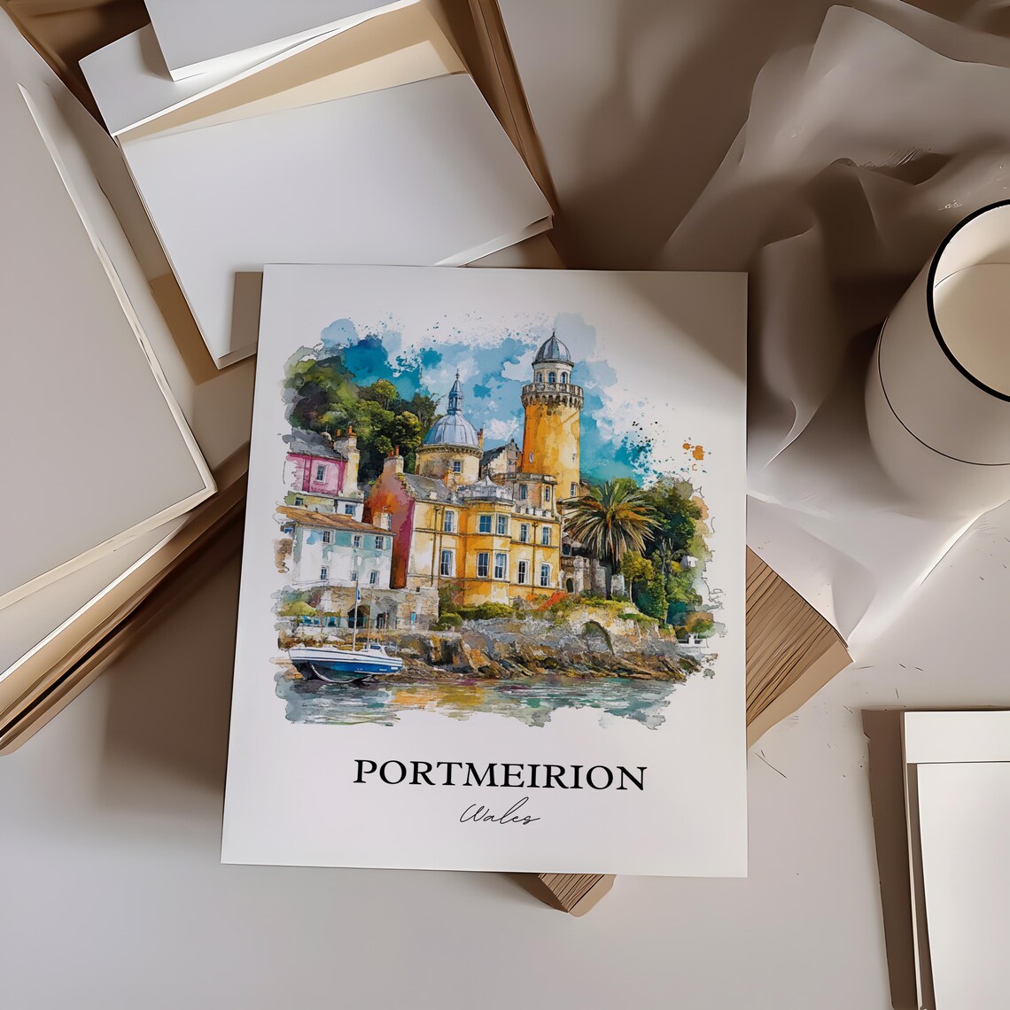 Portmeirion Wales Colorful Coastal Village Watercolor Travel Poster - Image 3