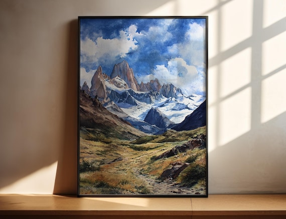 El Chalten Patagonia Fitz Roy Peaks Watercolor Mountain Poster