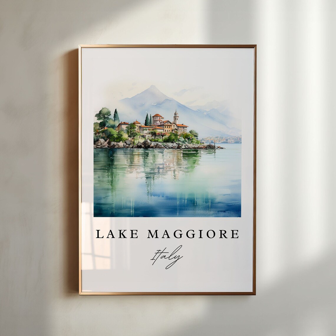 Lake Maggiore Italy Island Village Misty Watercolor Travel Poster