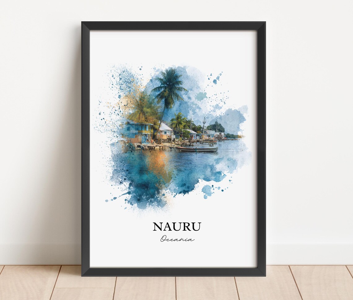 Nauru Oceania Palm Waterfront Boats Village Watercolor Travel Poster - Image 2